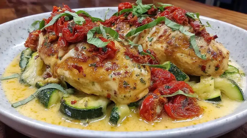 Plate of Tex Mex Chicken and Zucchini served with garnishes