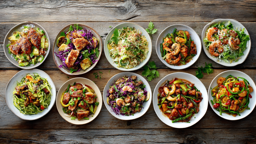 Low carb dinner recipes collection featuring ten healthy meals including chicken, shrimp, zucchini noodles, eggplant stir fry, and roasted vegetables