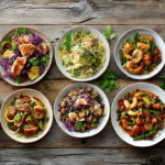 Low carb dinner recipes collection featuring ten healthy meals including chicken, shrimp, zucchini noodles, eggplant stir fry, and roasted vegetables