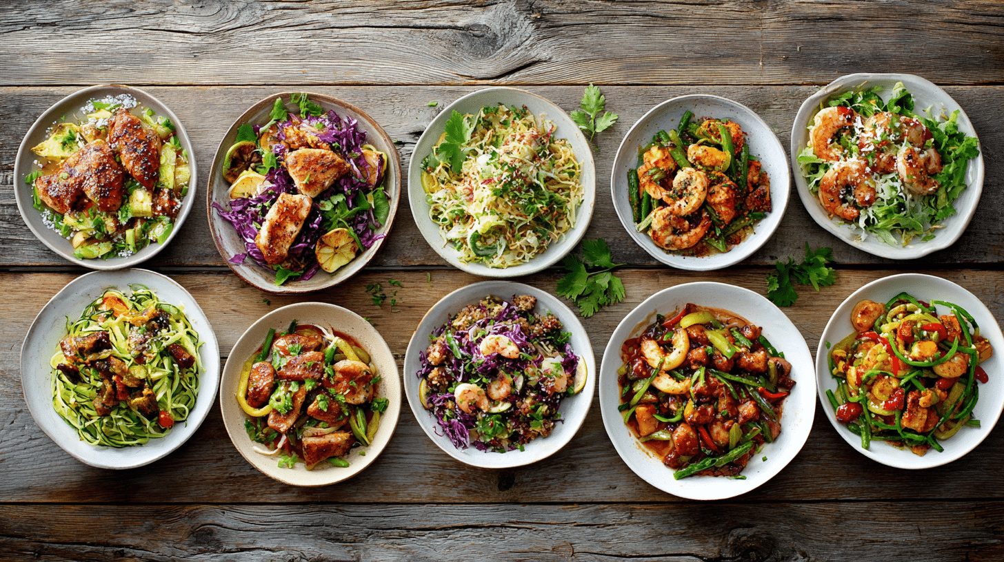 Low carb dinner recipes collection featuring ten healthy meals including chicken, shrimp, zucchini noodles, eggplant stir fry, and roasted vegetables