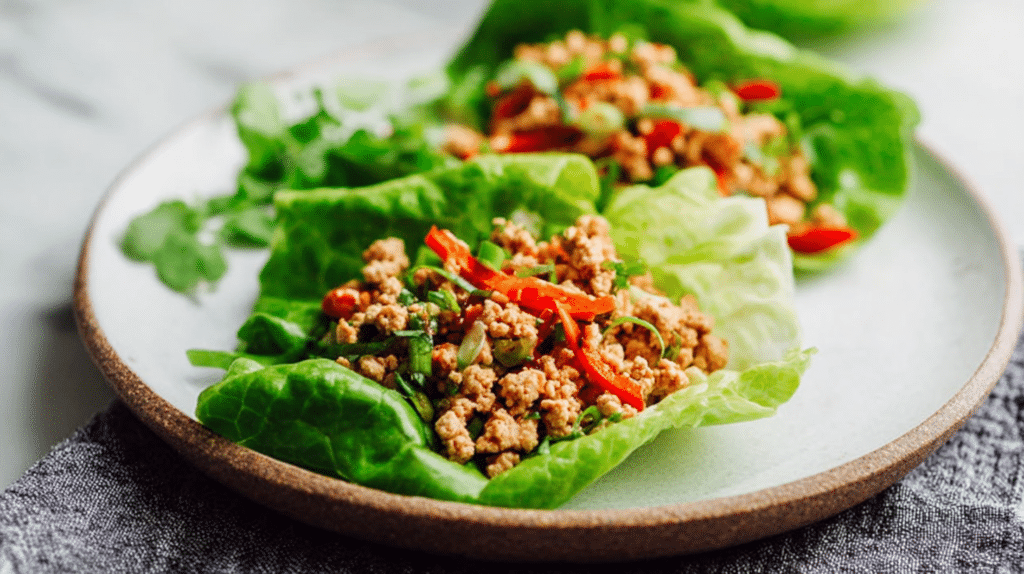 Low carb dinner recipes with turkey lettuce wraps filled with seasoned ground meat and fresh vegetables