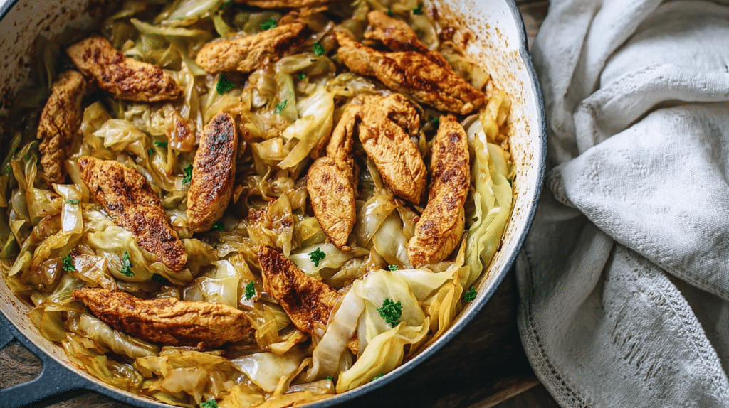 Low carb dinner recipes featuring skillet chicken with sautéed cabbage in a healthy one-pan meal