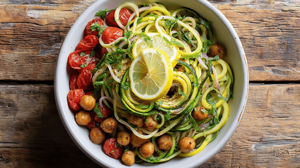 Low carb dinner recipes with zucchini noodles, chickpeas, tomatoes, and lemon in a healthy bowl meal