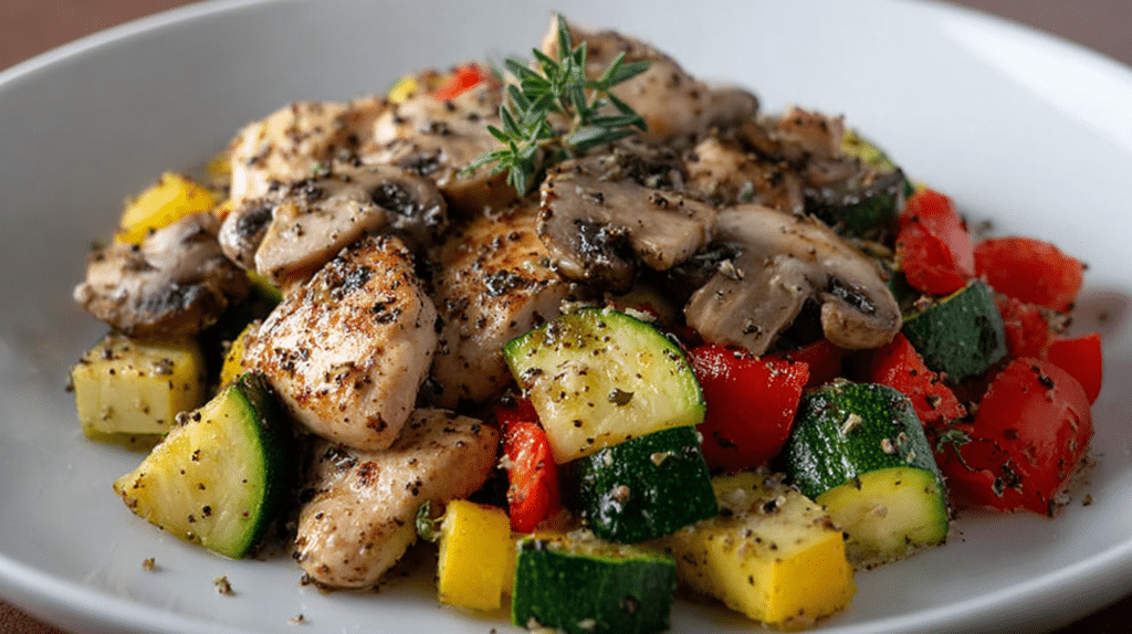 Low carb dinner recipes with sautéed chicken, zucchini, mushrooms, and bell peppers in a healthy skillet meal