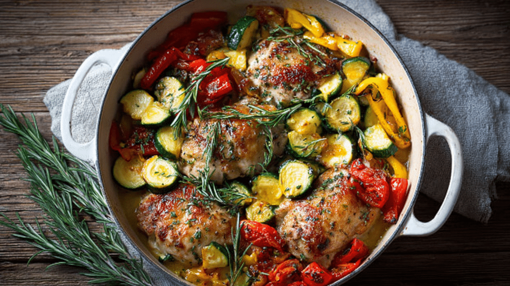 Low carb dinner recipes with one pan chicken, zucchini, bell peppers, and fresh herbs in a rustic skillet meal