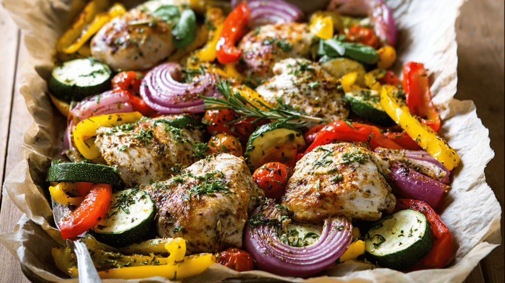 Low carb dinner recipes with baked chicken, zucchini, bell peppers, and red onions on a healthy sheet pan meal