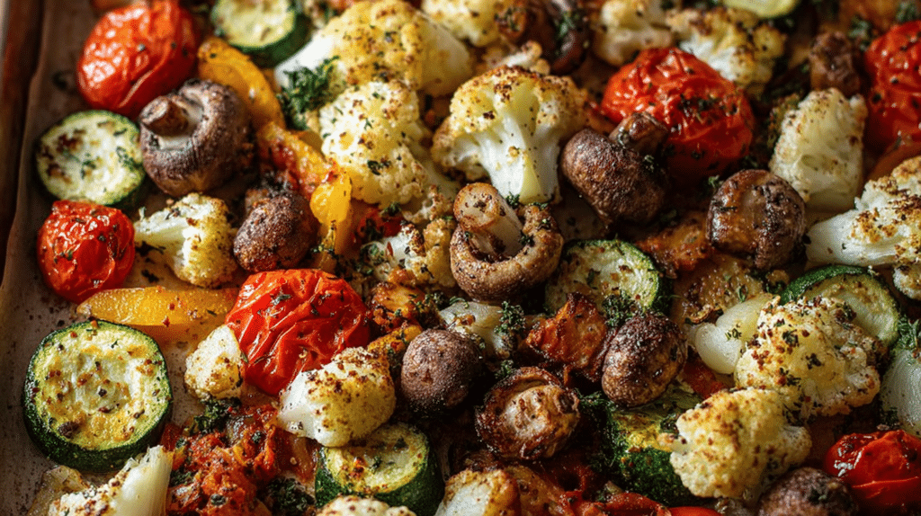 Low carb dinner recipes with roasted cauliflower, zucchini, mushrooms, and tomatoes on a sheet pan meal