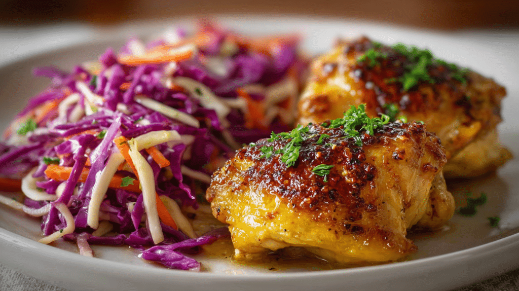 Low carb dinner recipes featuring baked chicken thighs served with colorful cabbage slaw and fresh greens
