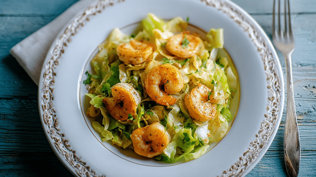 Low carb dinner recipes with garlic shrimp served over sautéed cabbage in a healthy seafood meal