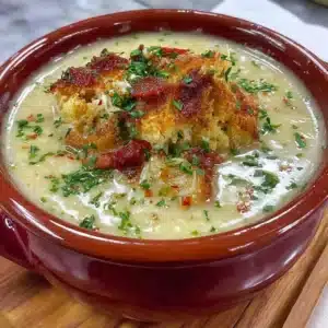 Bowl of anti-inflammatory cauliflower chicken soup garnished with herbs