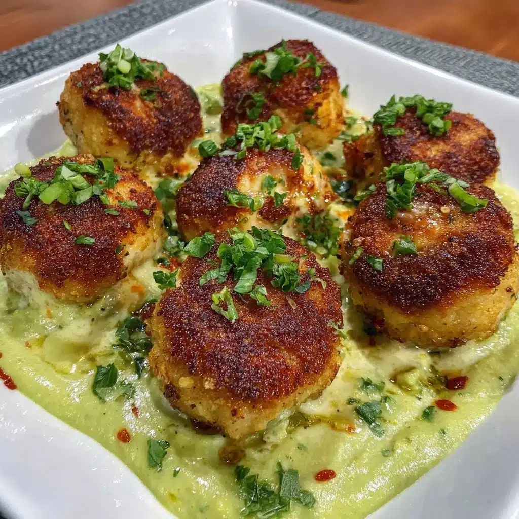 Baked salmon meatballs topped with creamy avocado sauce on a plate.