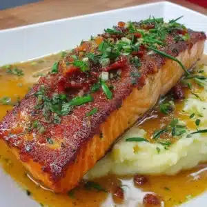 Baked Teriyaki Salmon drizzled with glaze on a plate with side vegetables