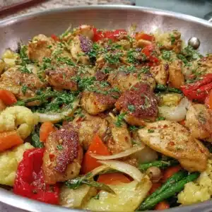 Delicious garlic chicken vegetable stir fry with vibrant colors and textures.