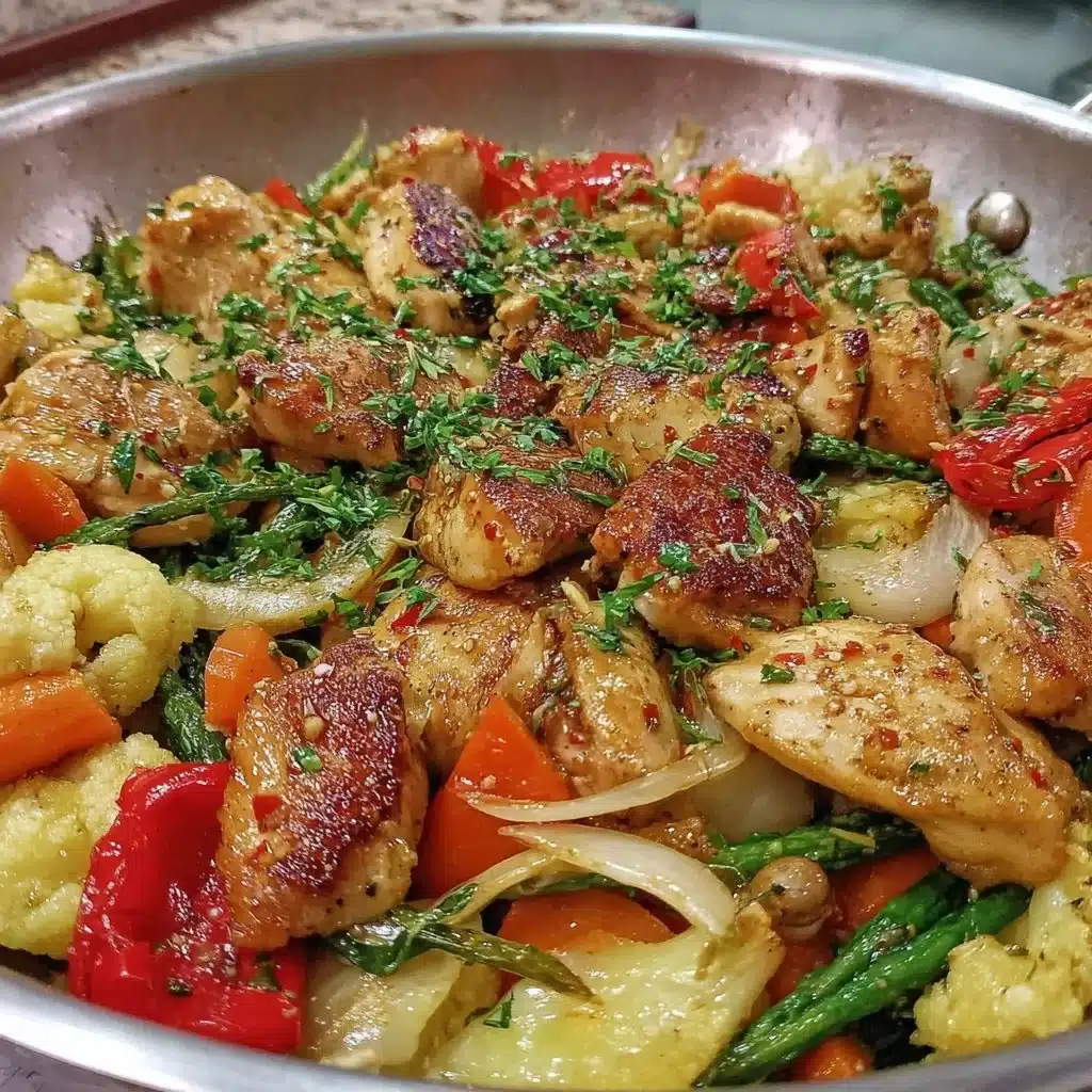 Delicious garlic chicken vegetable stir fry with vibrant colors and textures.