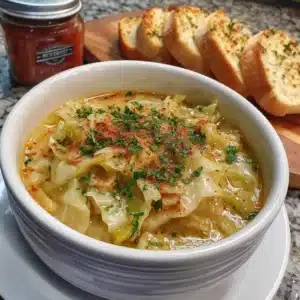 A steaming bowl of homemade cabbage soup with fresh vegetables.