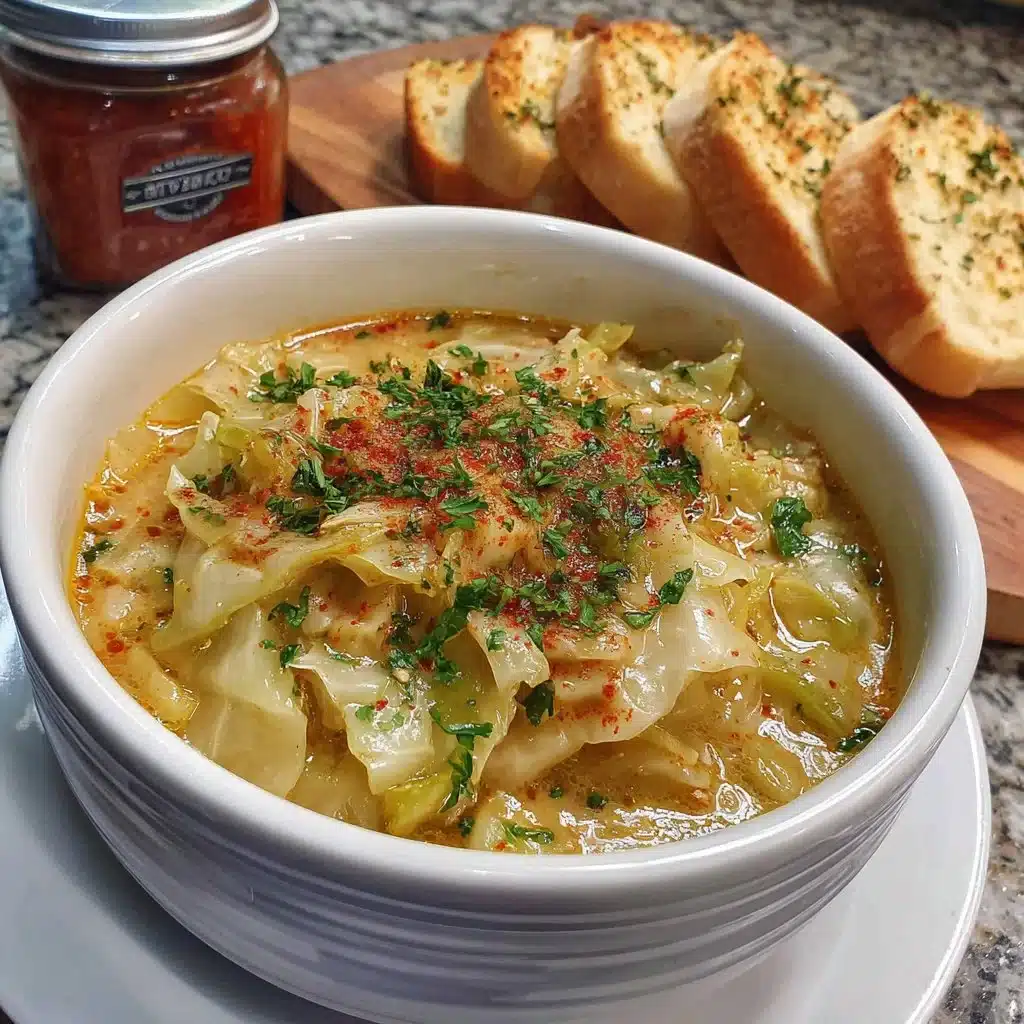 A steaming bowl of homemade cabbage soup with fresh vegetables.