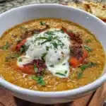 Bowl of homemade carrot lentil soup garnished with fresh herbs