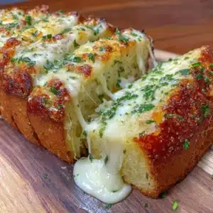 Cheesy keto garlic bread topped with melted cheese and herbs