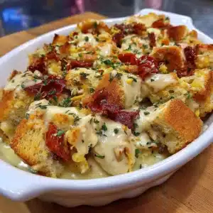 Chicken Stuffing Casserole topped with herbs and cheese, baked to perfection.