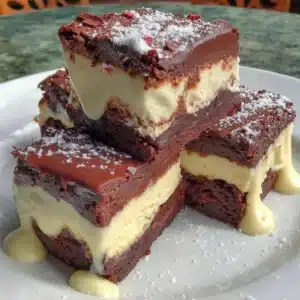 Delicious chocolate tiramisu brownies topped with cocoa powder and coffee flavor.