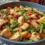 Colorful classic chicken stir fry with vegetables and soy sauce on a plate.