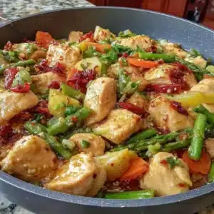 Colorful classic chicken stir fry with vegetables and soy sauce on a plate.