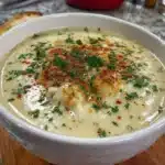 Bowl of creamy vegetable soup garnished with fresh herbs and vegetables