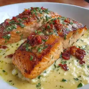 Creamy Dijon Salmon dish with herbs and lemon garnish