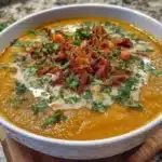 Bowl of creamy vegan carrot potato soup garnished with fresh herbs.