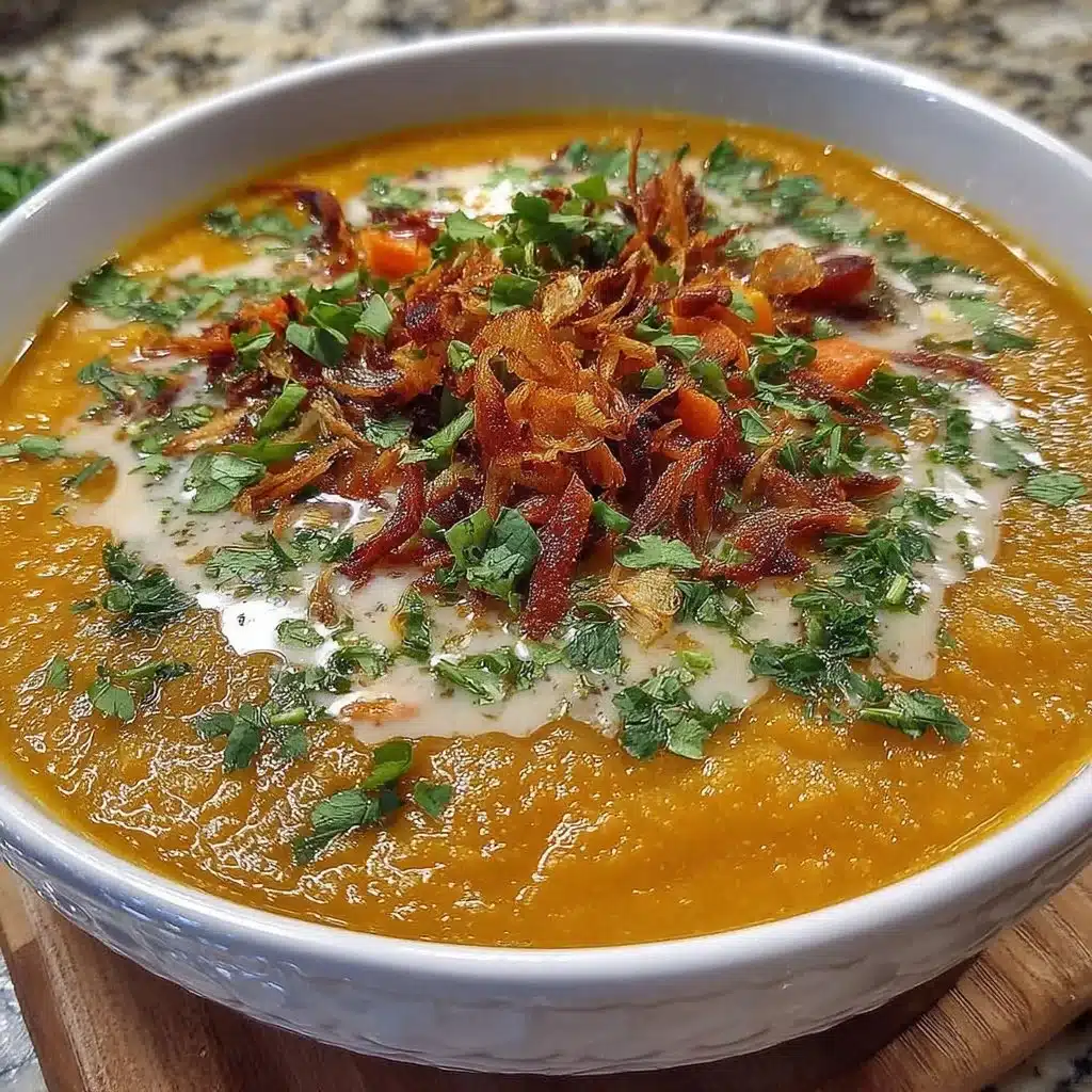 Bowl of creamy vegan carrot potato soup garnished with fresh herbs.