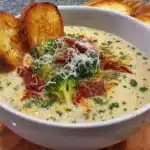 Bowl of creamy vegetable soup garnished with fresh herbs and vegetables