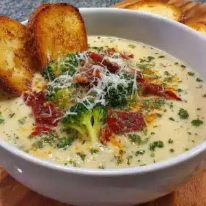 Bowl of creamy vegetable soup garnished with fresh herbs and vegetables