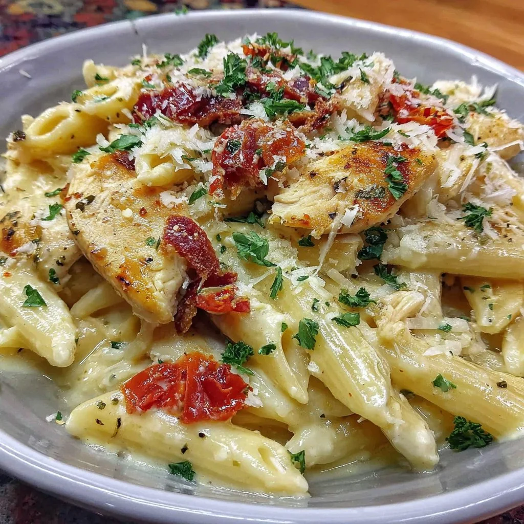 Homemade Dairy Free Chicken Alfredo served in a bowl with a sprinkle of parsley.