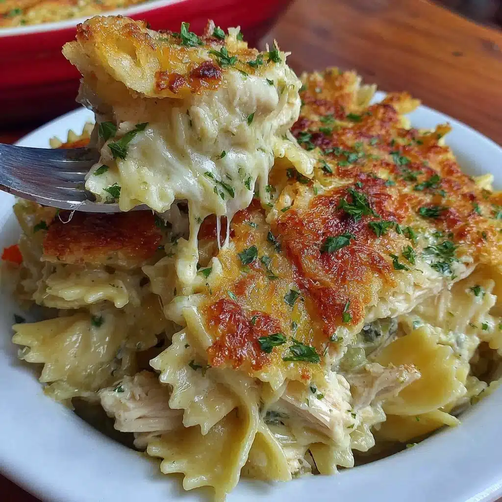 Creamy Chicken Alfredo Pasta Bake topped with melted cheese and herbs