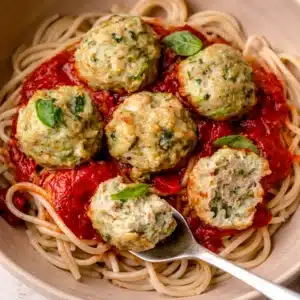 Easy gluten free turkey meatballs baked and ready for a delicious dinner.