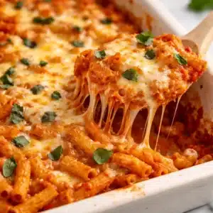 Delicious gluten free family pasta bake topped with melted cheese and fresh herbs.