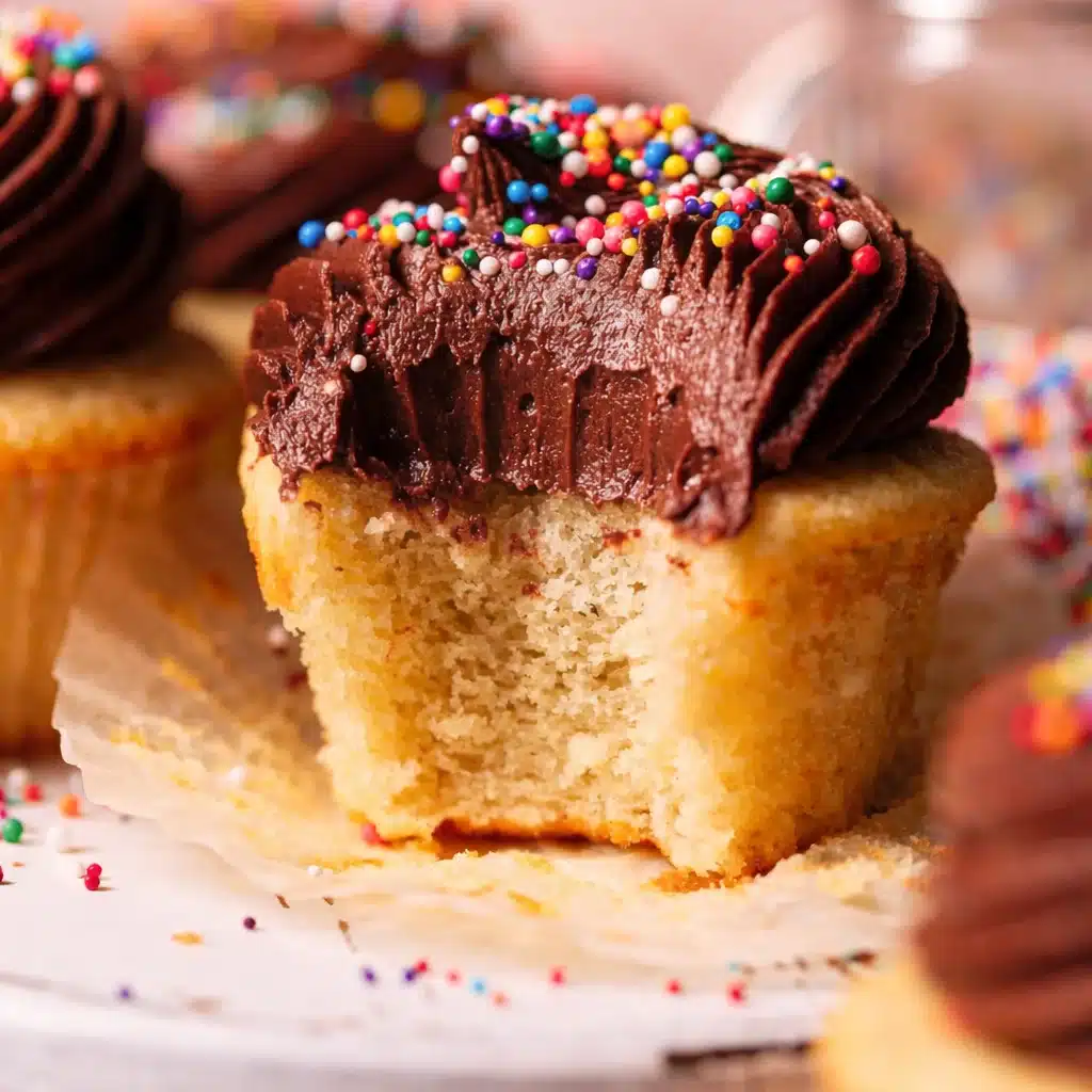 Moist gluten free vanilla cupcakes topped with creamy vanilla buttercream frosting.