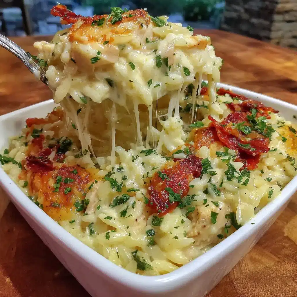 Delicious Dump-and-Bake Chicken Alfredo Rice Casserole in a baking dish