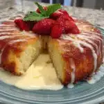 Delicious easy yogurt cake topped with fresh fruit and a dollop of cream