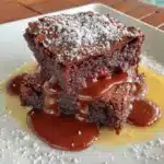 Decadent flourless brownies served on a white plate with a chocolate drizzle