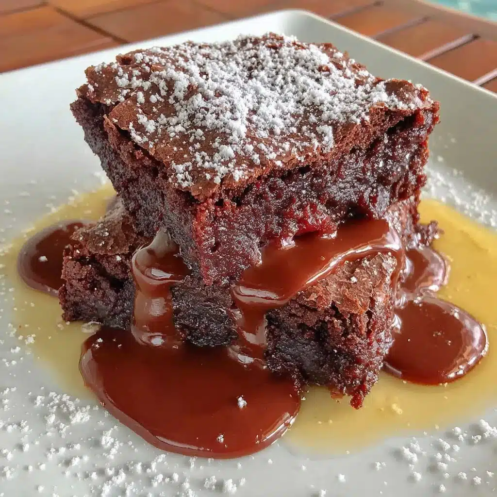 Decadent flourless brownies served on a white plate with a chocolate drizzle