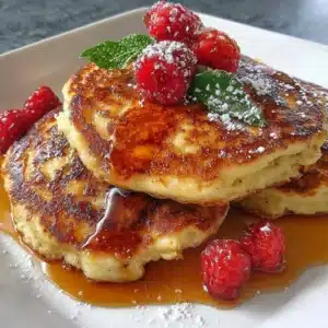 Flourless cottage cheese pancakes stacked on a plate with fresh berries.