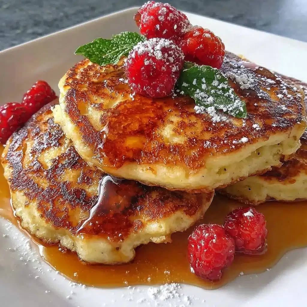Flourless cottage cheese pancakes stacked on a plate with fresh berries.