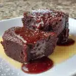 Flourless pumpkin brownies served on a plate with chocolate drizzles.