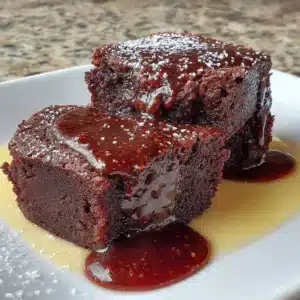 Flourless pumpkin brownies served on a plate with chocolate drizzles.