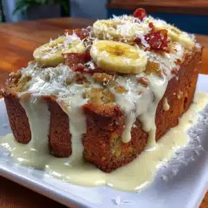 Gluten free banana cake topped with fresh bananas and nuts