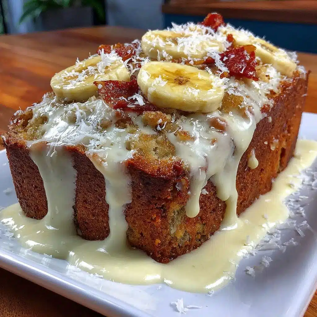 Gluten free banana cake topped with fresh bananas and nuts
