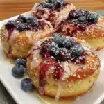 Delicious gluten-free blueberry glazed donuts on a wooden plate