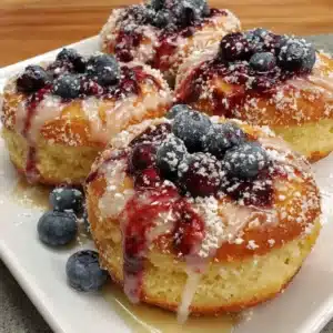 Delicious gluten-free blueberry glazed donuts on a wooden plate