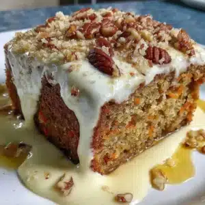 Gluten-free carrot cake topped with cream cheese frosting and walnuts